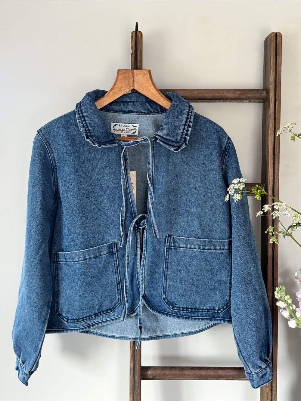 NEW. Stoosh Vintage Denim Frill Collar Tie Front Jacket. NWT